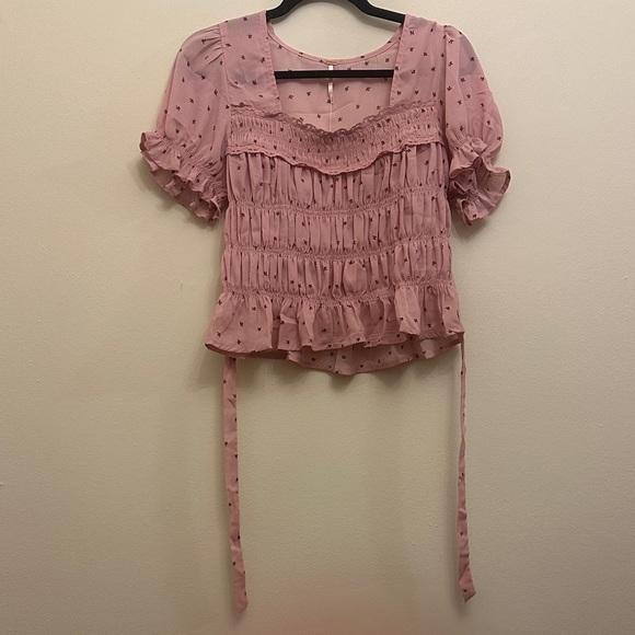 Free People Tops - Free People Pink Floral Smocked Ruffle Peplum Blouse Sz XS NWT Cottage core